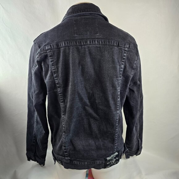 True Religion Jacket Mens Large Black Denim Trucker Casual Rocker Grunge Stretch - Picture 9 of 11